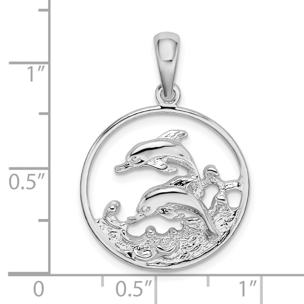Sterling Silver Rhod-plated Polished Dolphins Swimming Oval Pendant