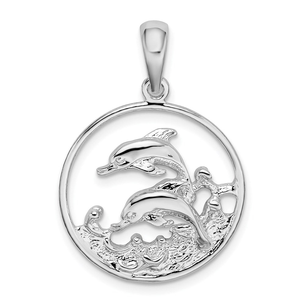 Sterling Silver Rhod-plated Polished Dolphins Swimming Oval Pendant