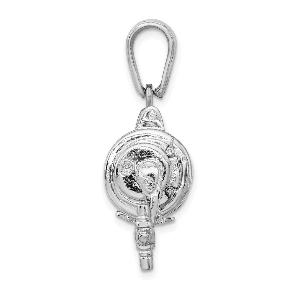 Sterling Silver Rhod-plated Polished 3D Moveable Fishing Reel Pendant