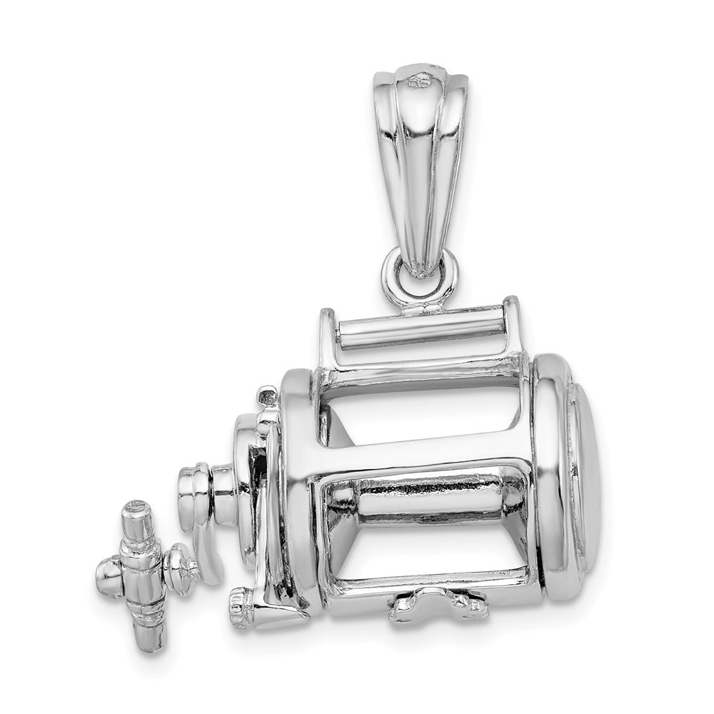 Sterling Silver Rhod-plated Polished 3D Moveable Fishing Reel Pendant