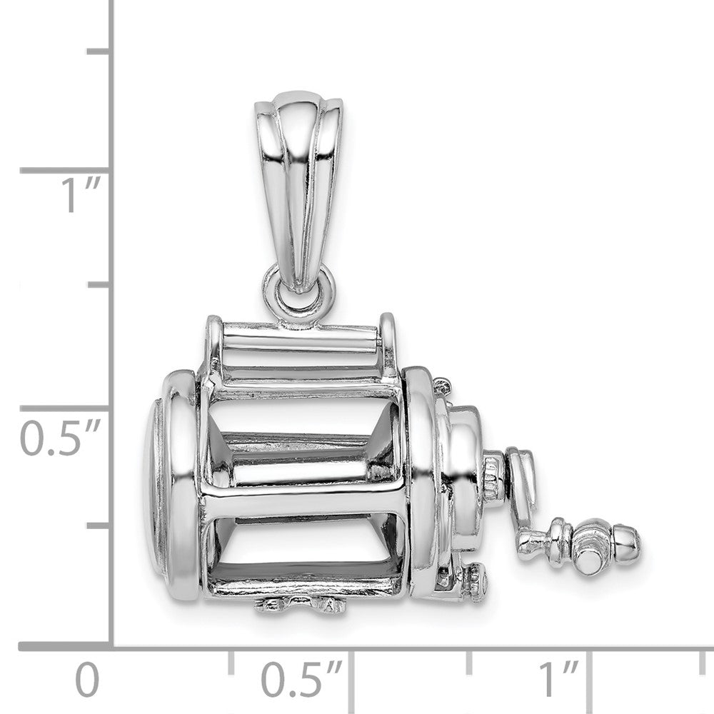 Sterling Silver Rhod-plated Polished 3D Moveable Fishing Reel Pendant