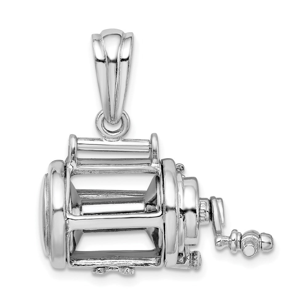 Sterling Silver Rhod-plated Polished 3D Moveable Fishing Reel Pendant