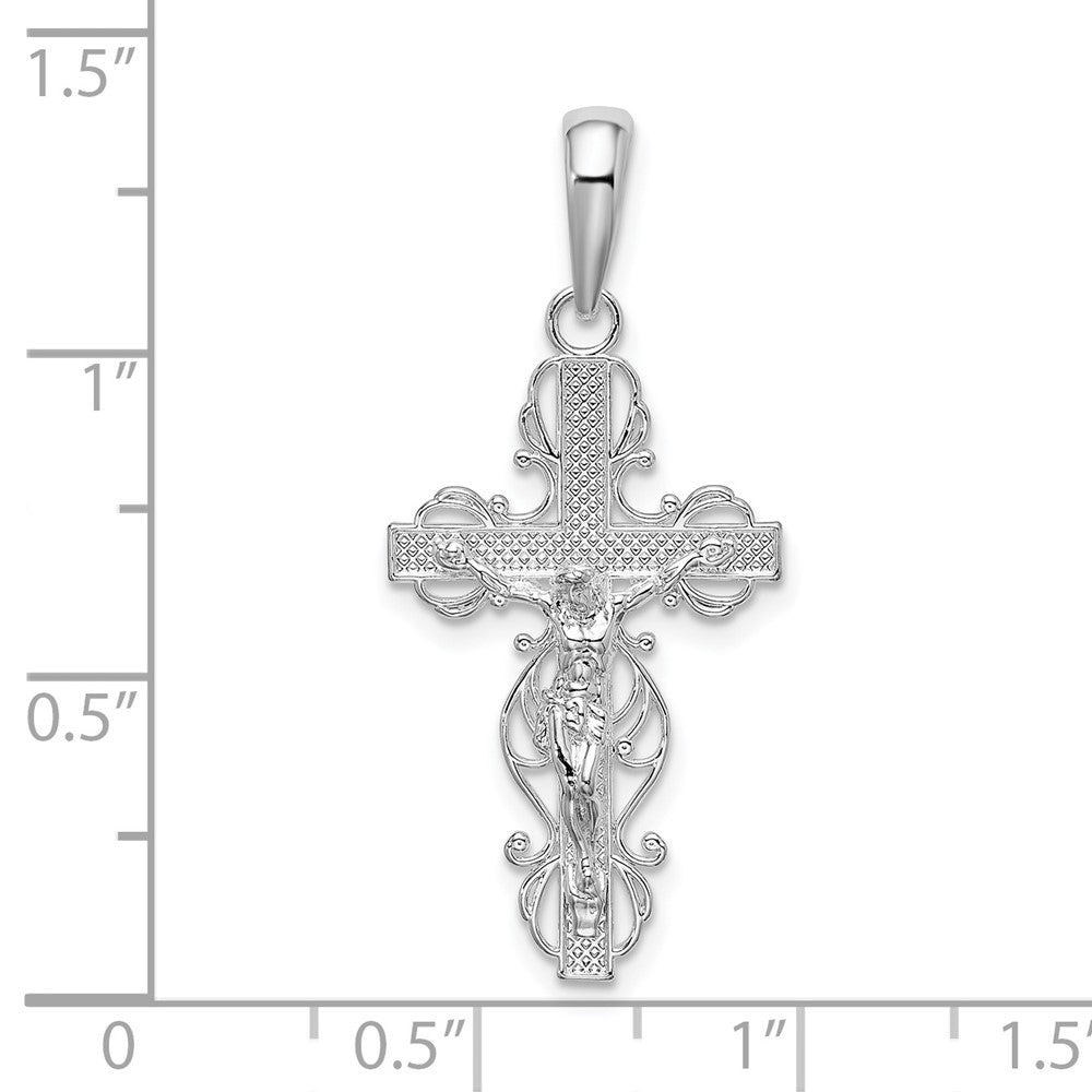 Sterling Silver Rhodium-plated Polished Lace Trim Crucifix Pendant
