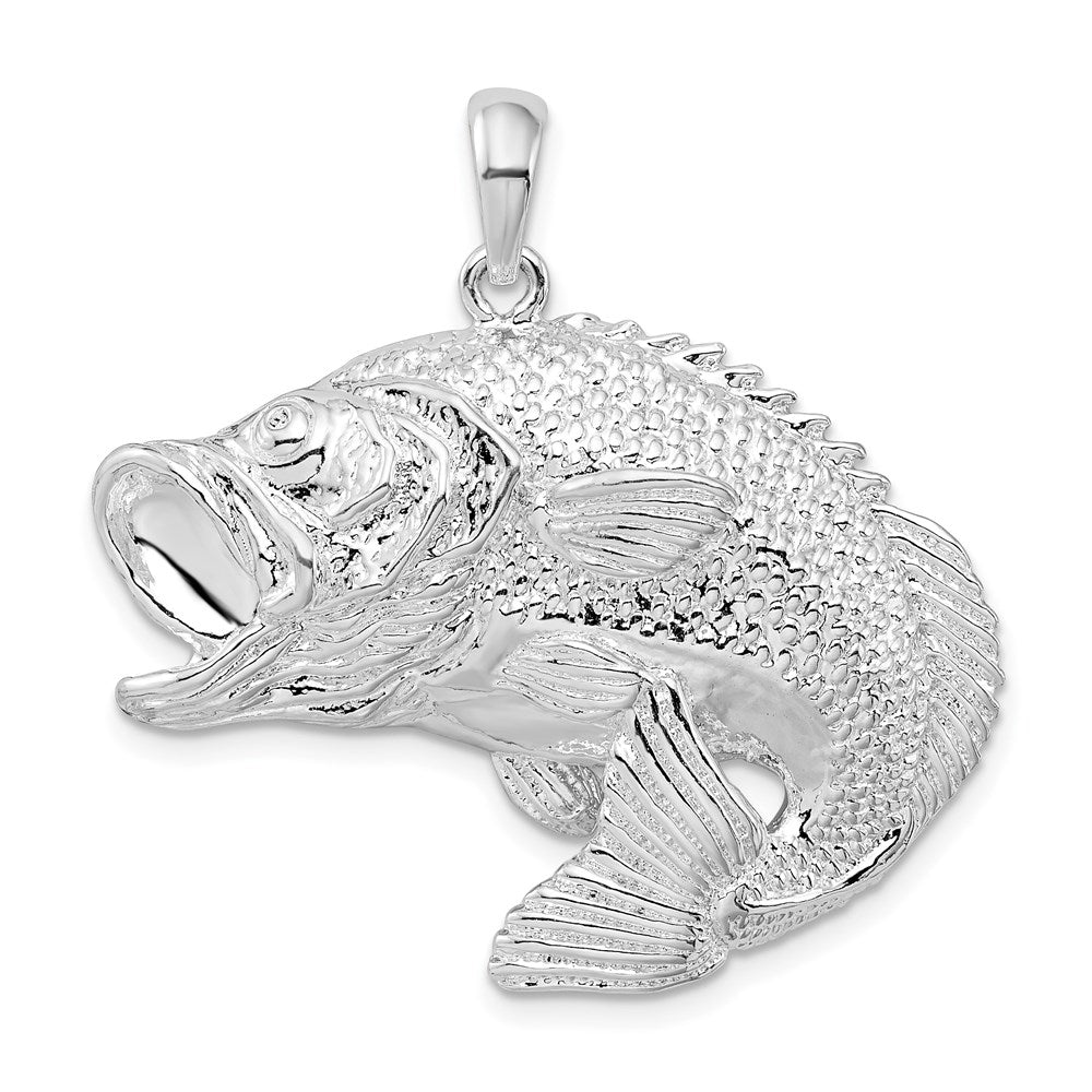 Sterling Silver Rhodium-plated Jumping Bass Fish Pendant