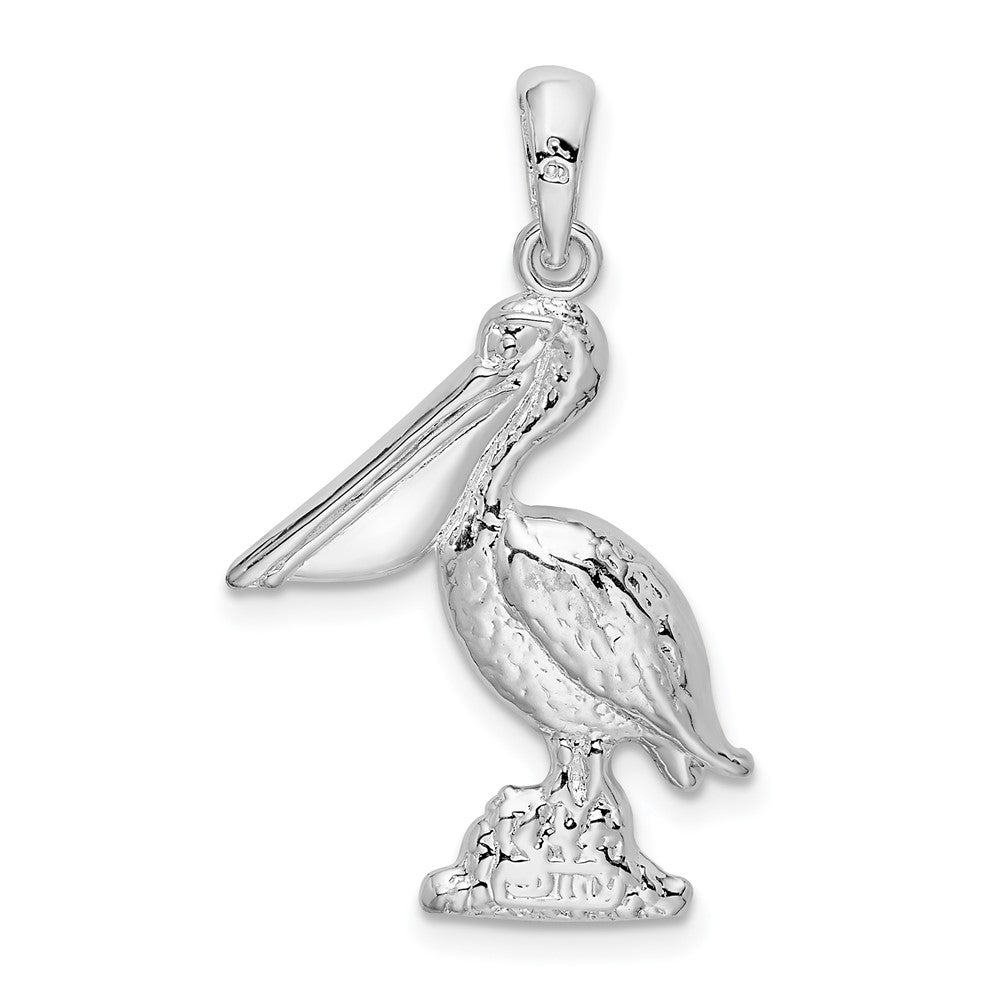 Sterling Silver Rhodium-plated Large 3D Standing Pelican Pendant