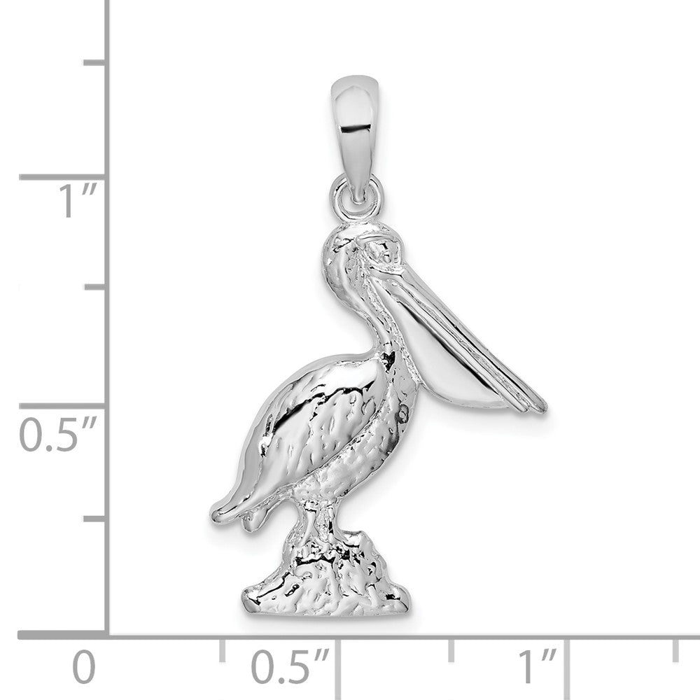 Sterling Silver Rhodium-plated Large 3D Standing Pelican Pendant