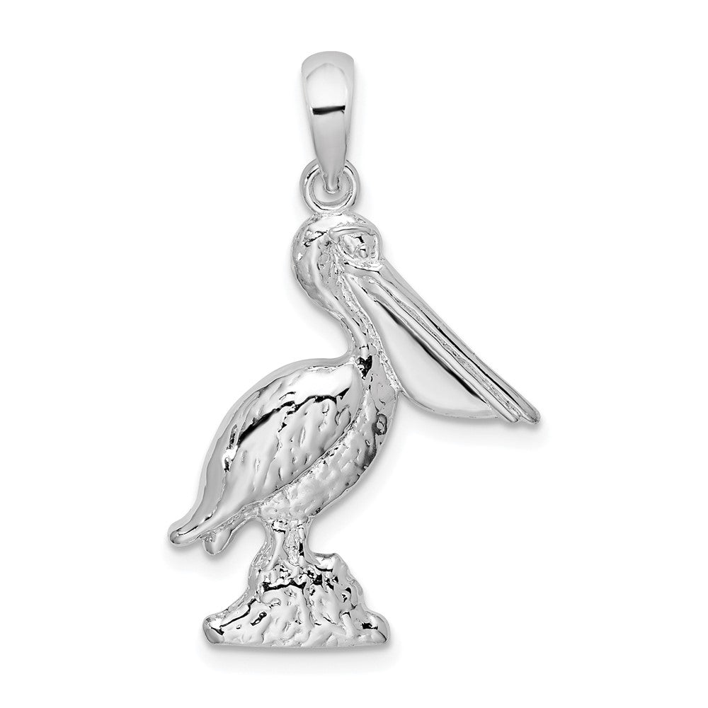 Sterling Silver Rhodium-plated Large 3D Standing Pelican Pendant