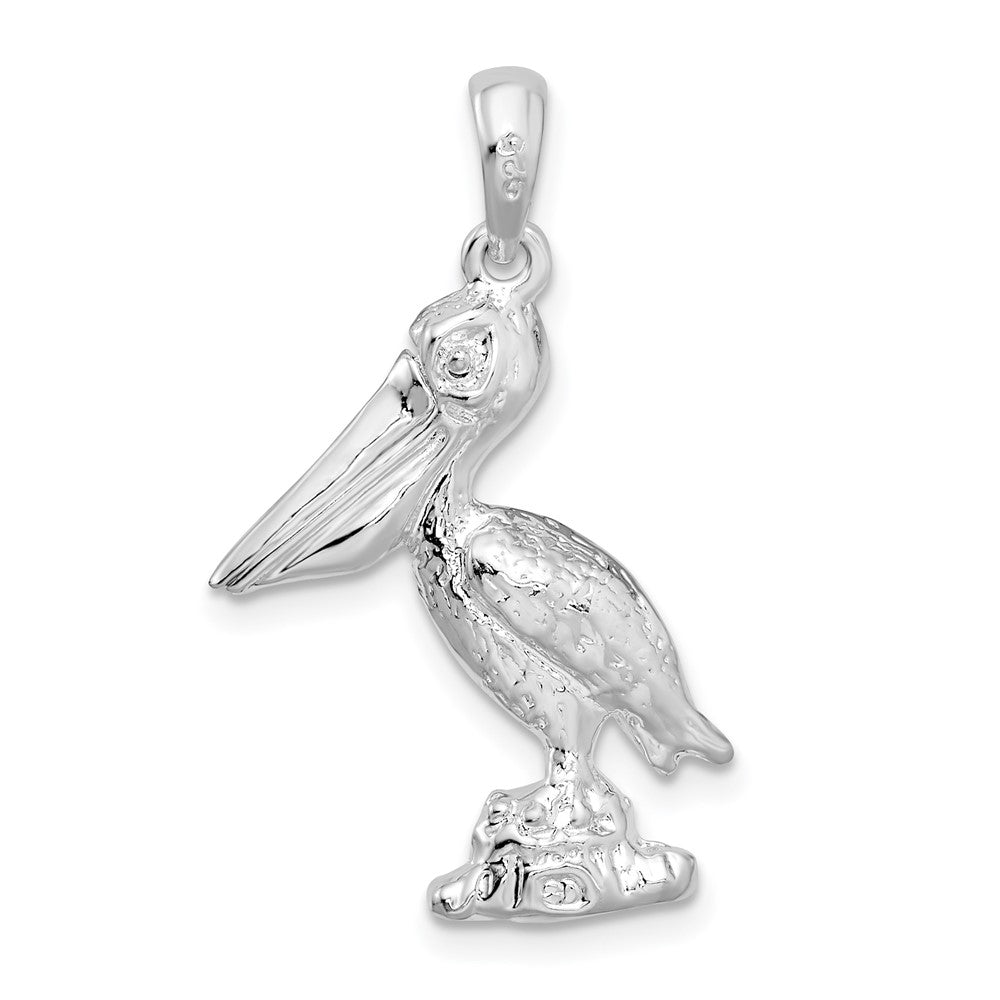 Sterling Silver Rhod-plated 3D Standing Moveable Mouth Pelican Pendant