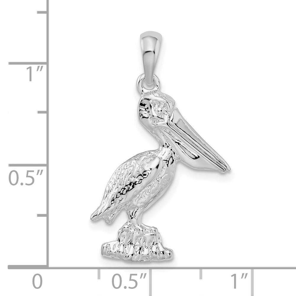 Sterling Silver Rhod-plated 3D Standing Moveable Mouth Pelican Pendant