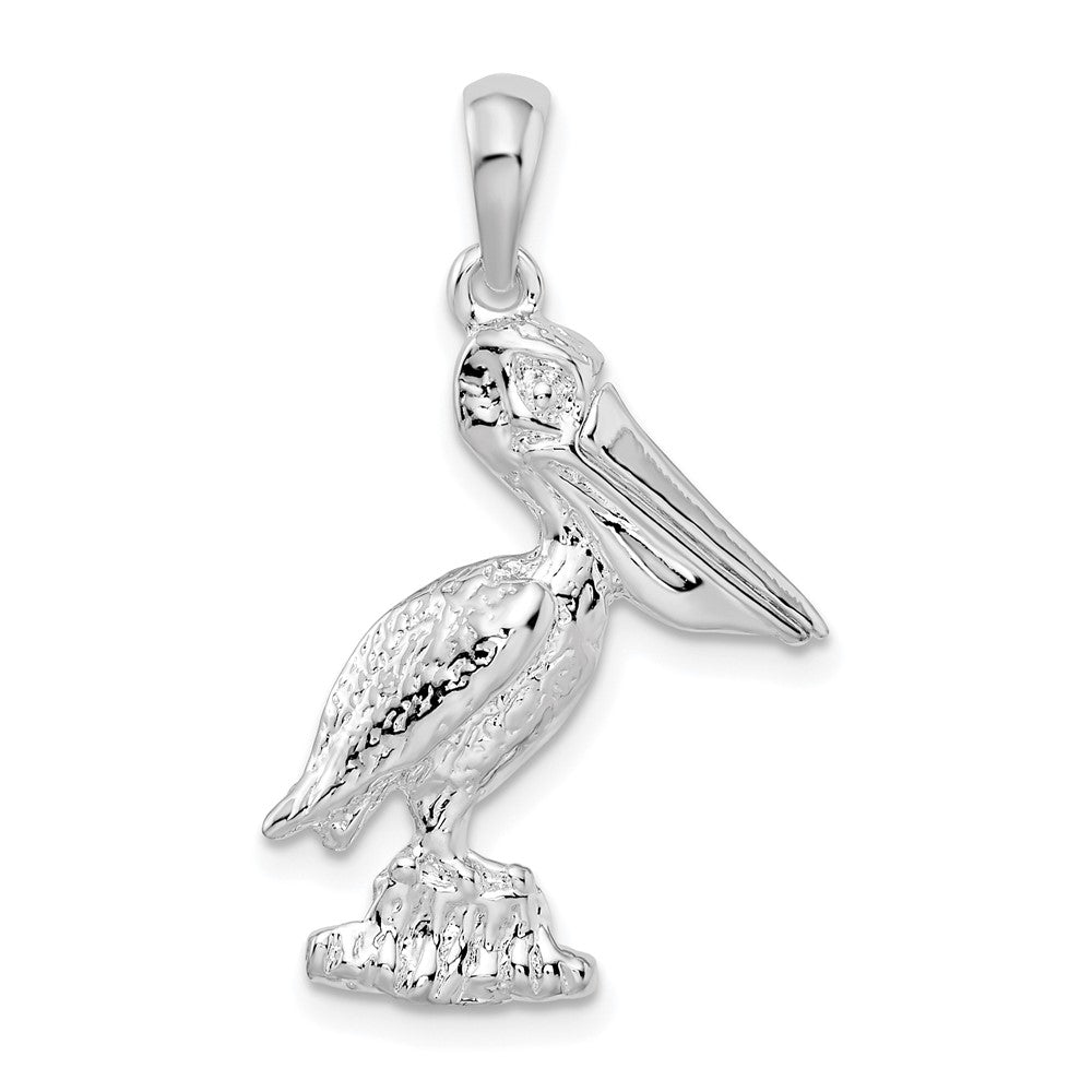 Sterling Silver Rhod-plated 3D Standing Moveable Mouth Pelican Pendant