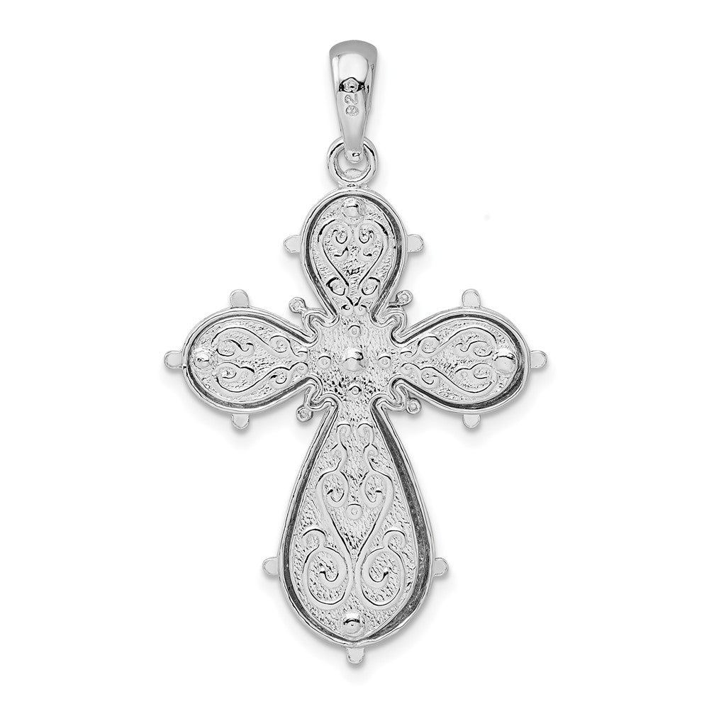 Sterling Silver Rhodium-plated Scroll Diamond-cut Rounded Cross Pendant