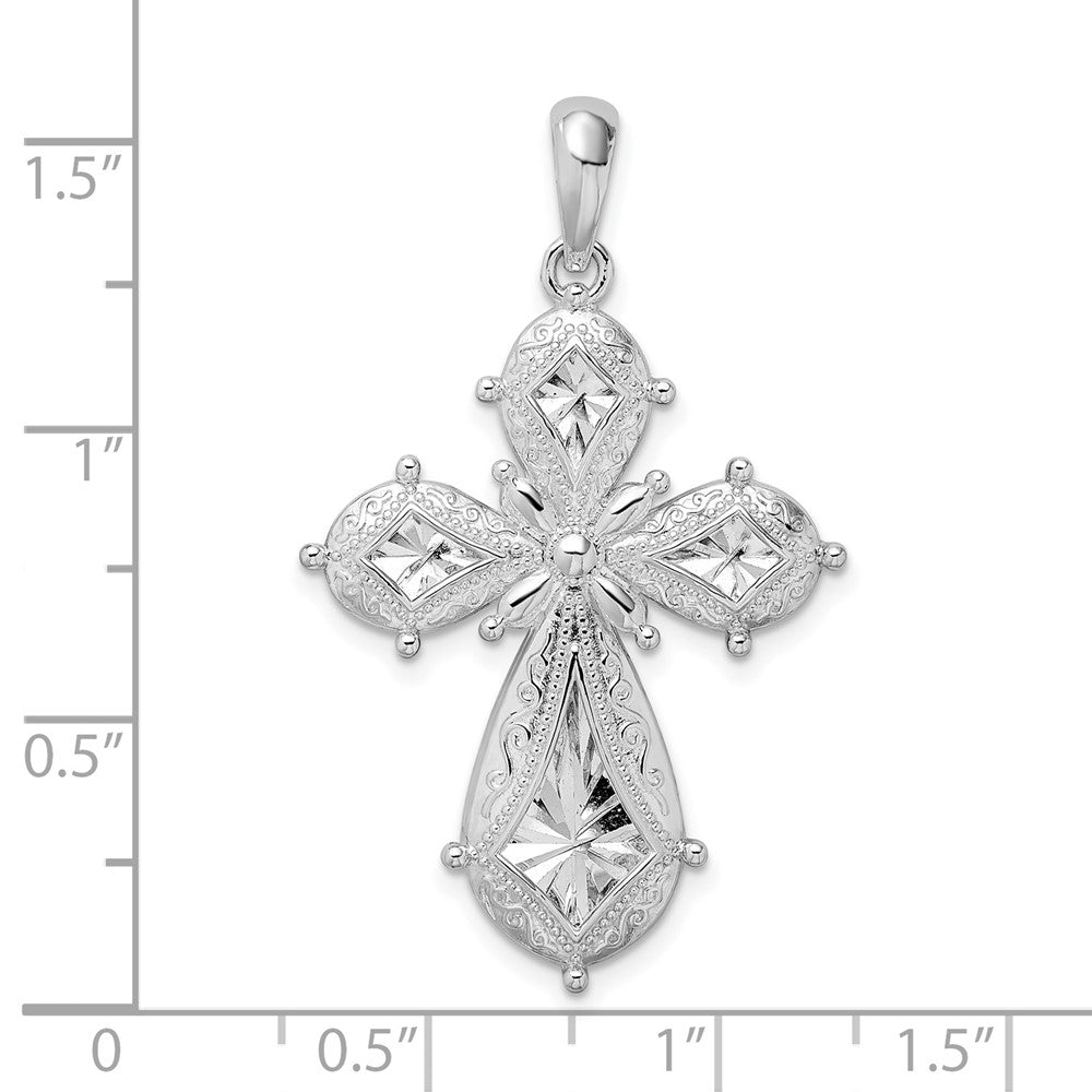 Sterling Silver Rhodium-plated Scroll Diamond-cut Rounded Cross Pendant