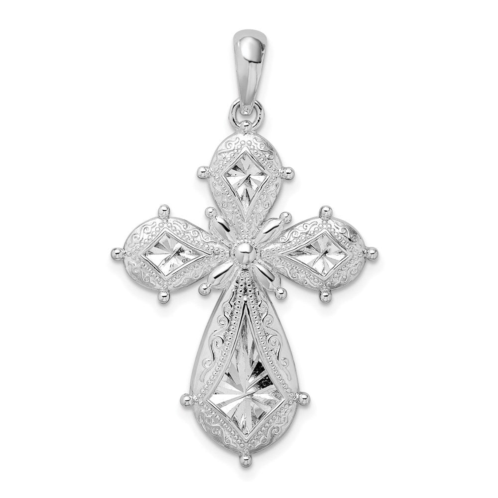 Sterling Silver Rhodium-plated Scroll Diamond-cut Rounded Cross Pendant