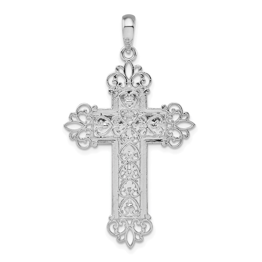 Sterling Silver Rhod-plated Diamond-cut Filigree Fleur de Lis Cross Pendant