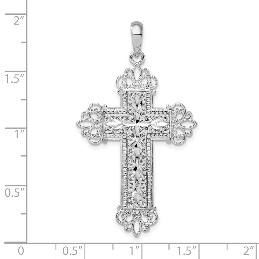 Sterling Silver Rhod-plated Diamond-cut Filigree Fleur de Lis Cross Pendant