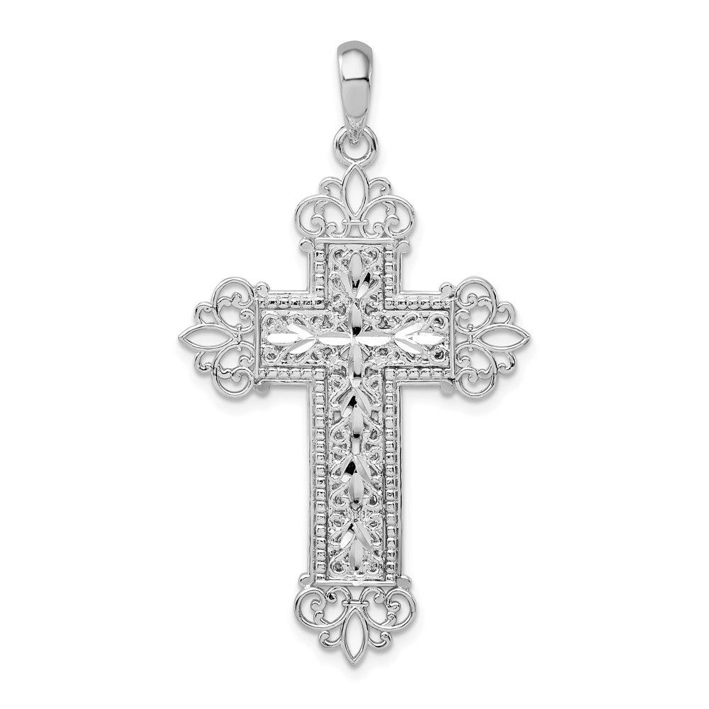 Sterling Silver Rhod-plated Diamond-cut Filigree Fleur de Lis Cross Pendant