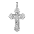 Sterling Silver Rhod-plated Diamond-cut Filigree Fleur de Lis Cross Pendant
