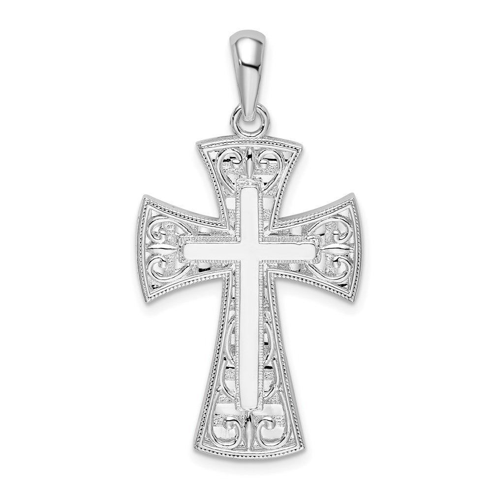 Sterling Silver Rhodium-plated Fancy Heart Design Cross Pendant
