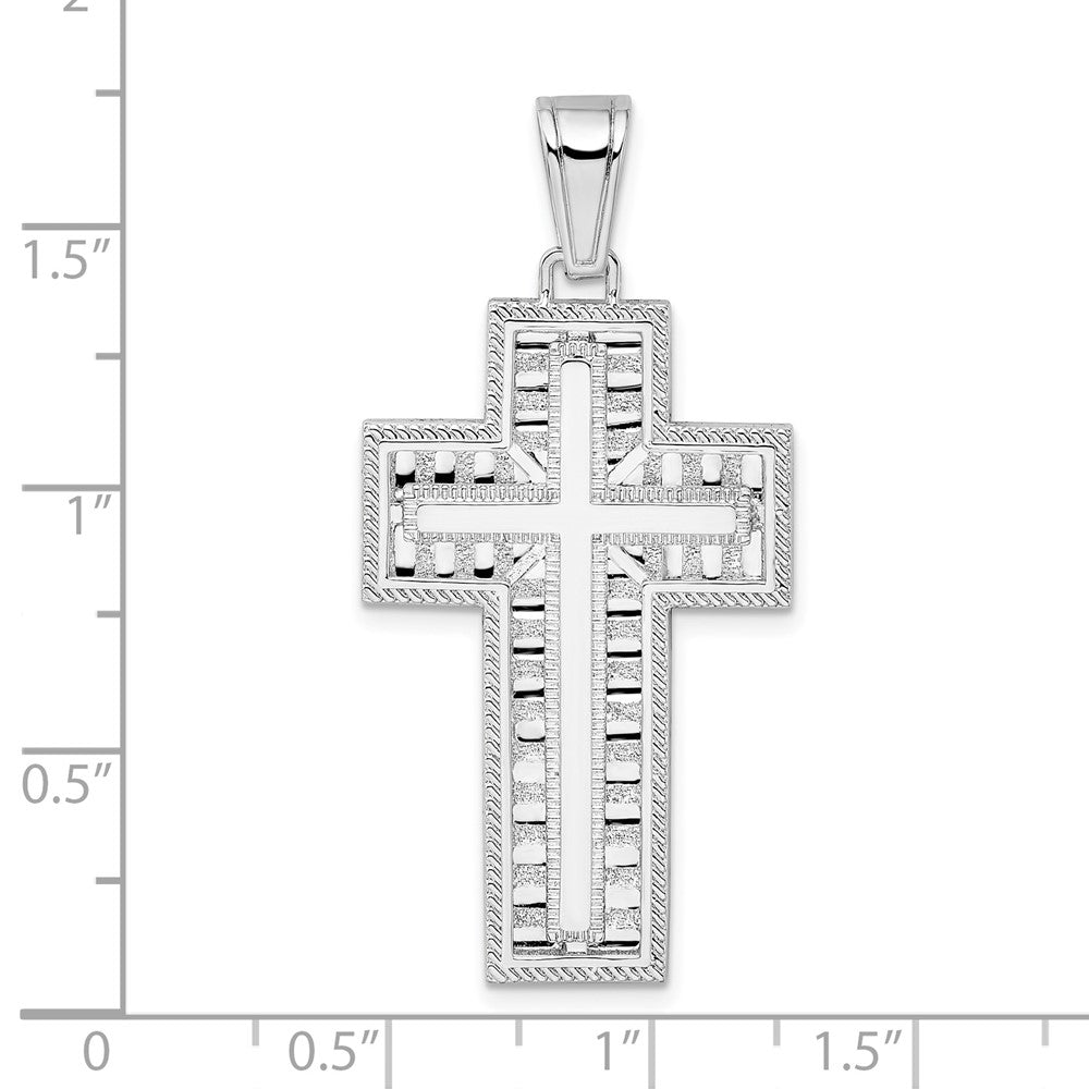 Sterling Silver Rhodium-plated Rope Edge Latin Cross Pendant