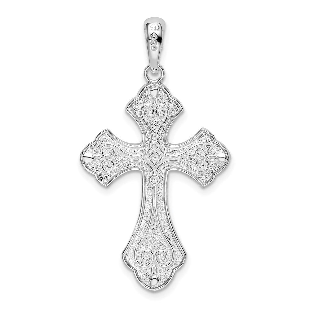 Sterling Silver Rhodium-plated Diamond-cut Fleur de Lis Cross Pendant
