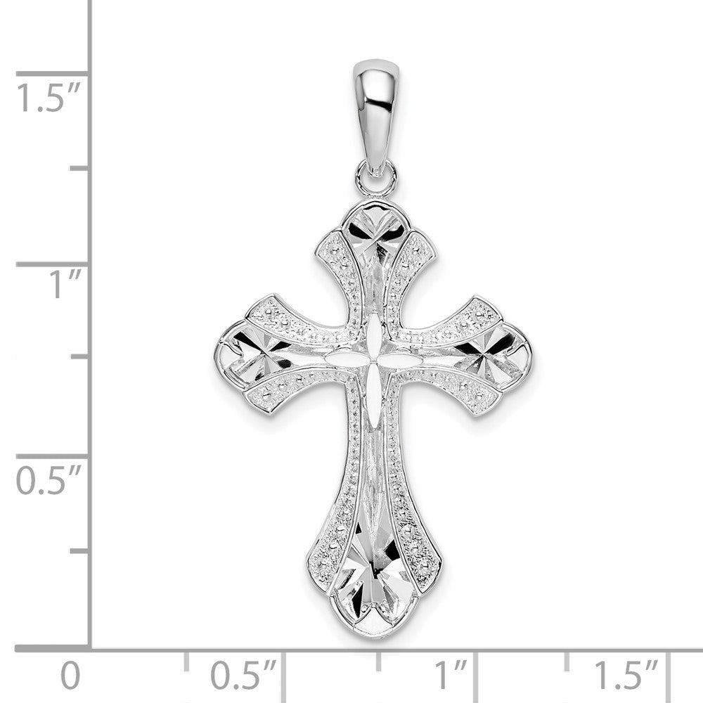 Sterling Silver Rhodium-plated Diamond-cut Fleur de Lis Cross Pendant