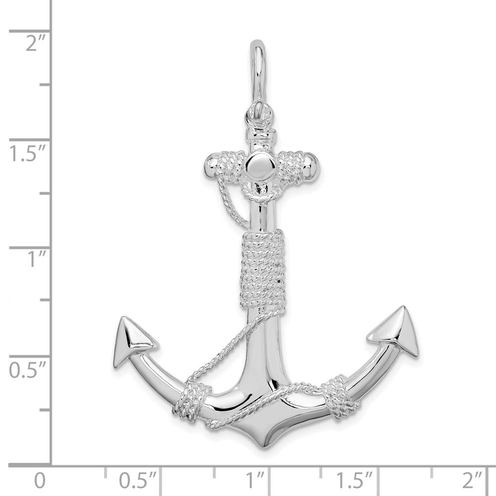 Sterling Silver Rhodium-plated Polished Anchor w/Rope Pendant