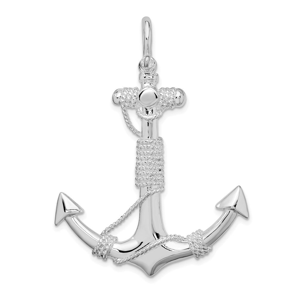 Sterling Silver Rhodium-plated Polished Anchor w/Rope Pendant
