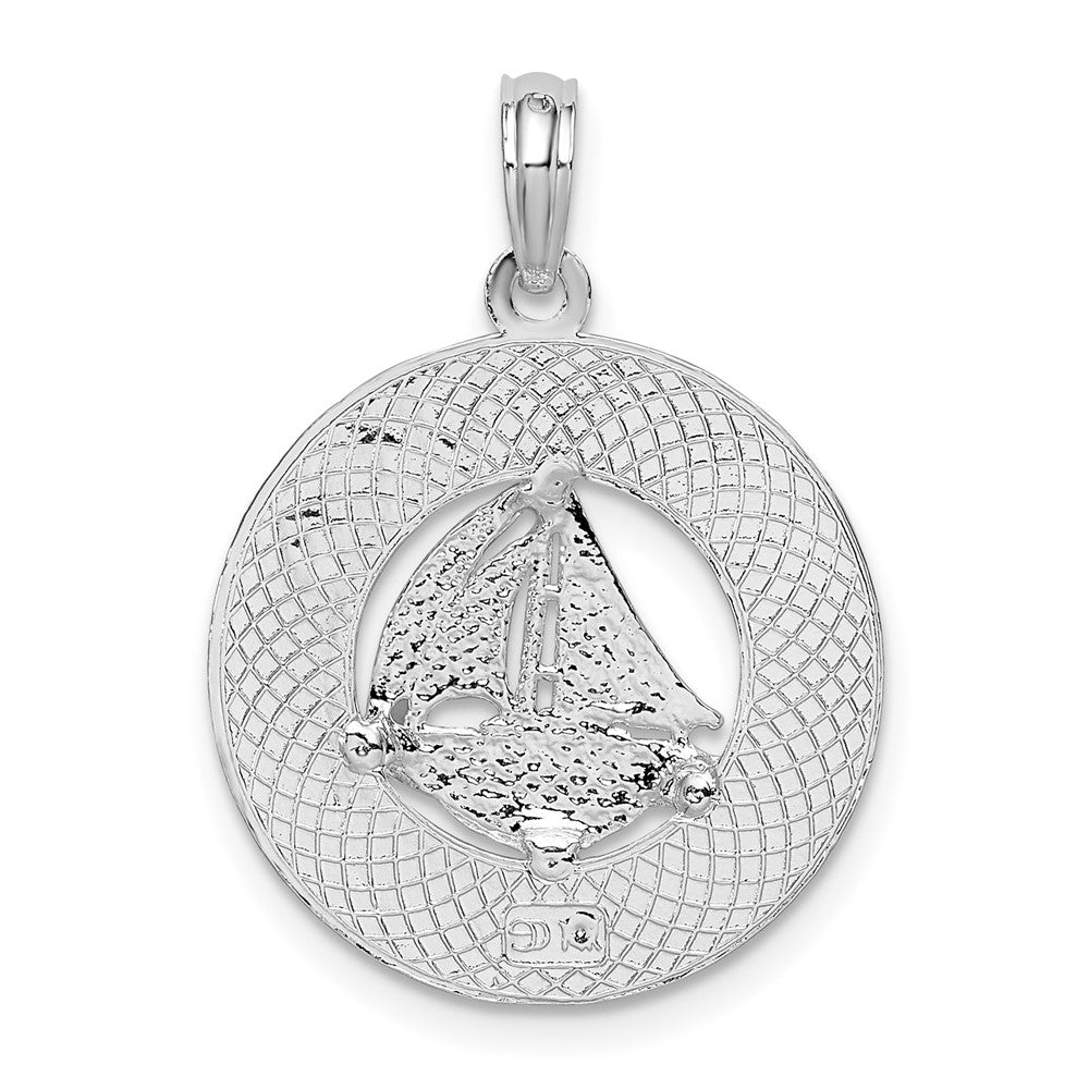 Sterling Silver Rhod-plated Jamaica Round Circle w/Sailboat Pendant