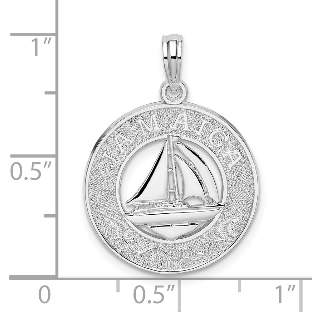 Sterling Silver Rhod-plated Jamaica Round Circle w/Sailboat Pendant