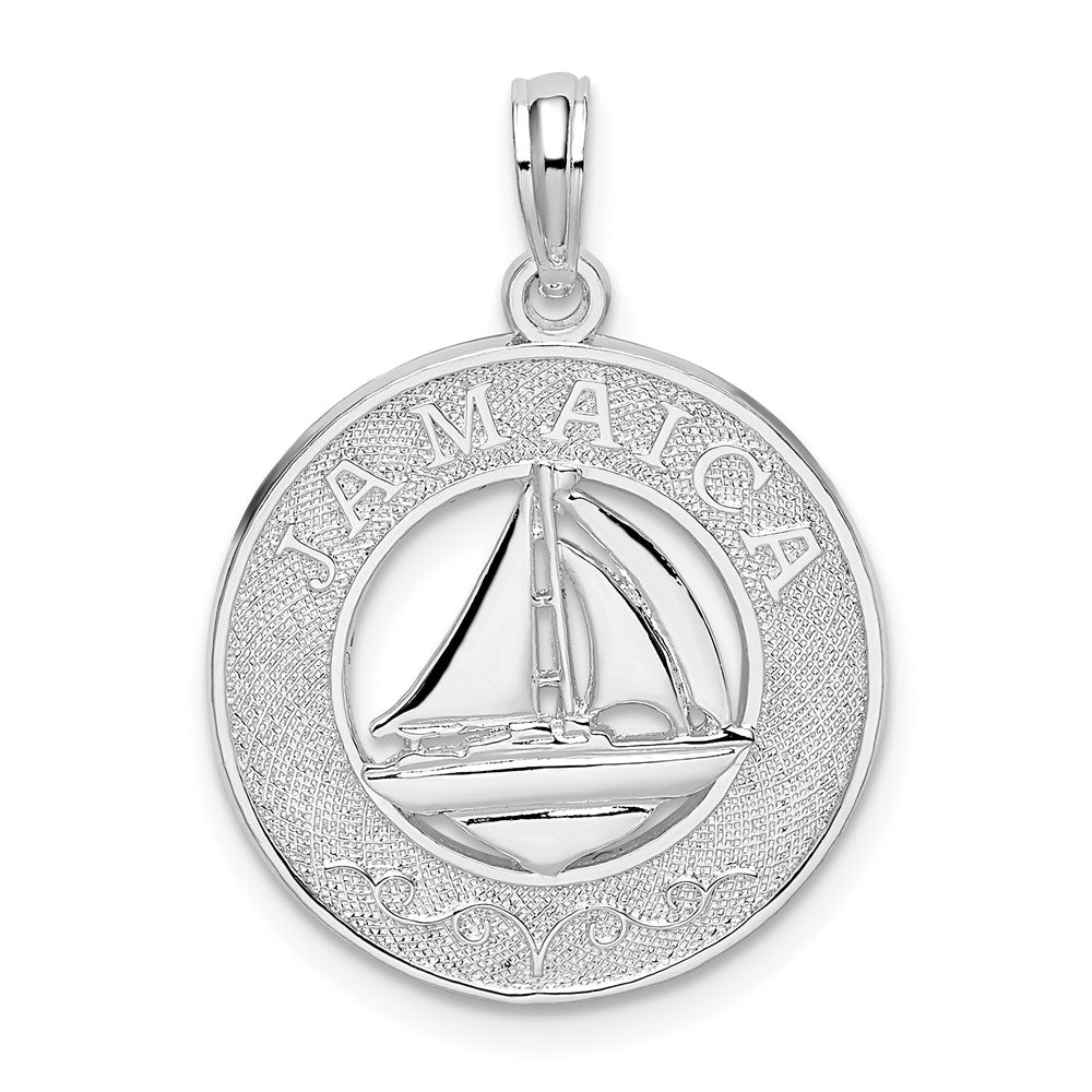 Sterling Silver Rhod-plated Jamaica Round Circle w/Sailboat Pendant