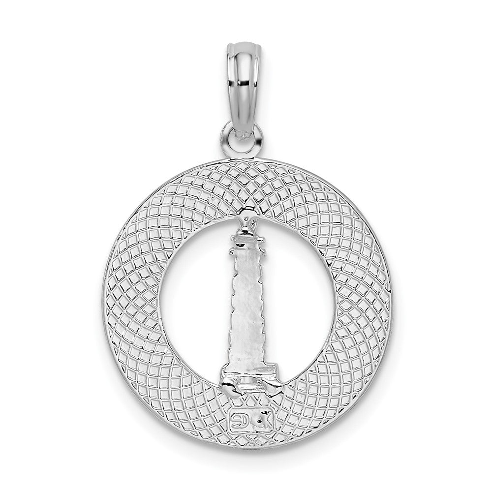 Sterling Silver Rhodium-plated Mystic, CT Circle w/Lighthouse Pendant
