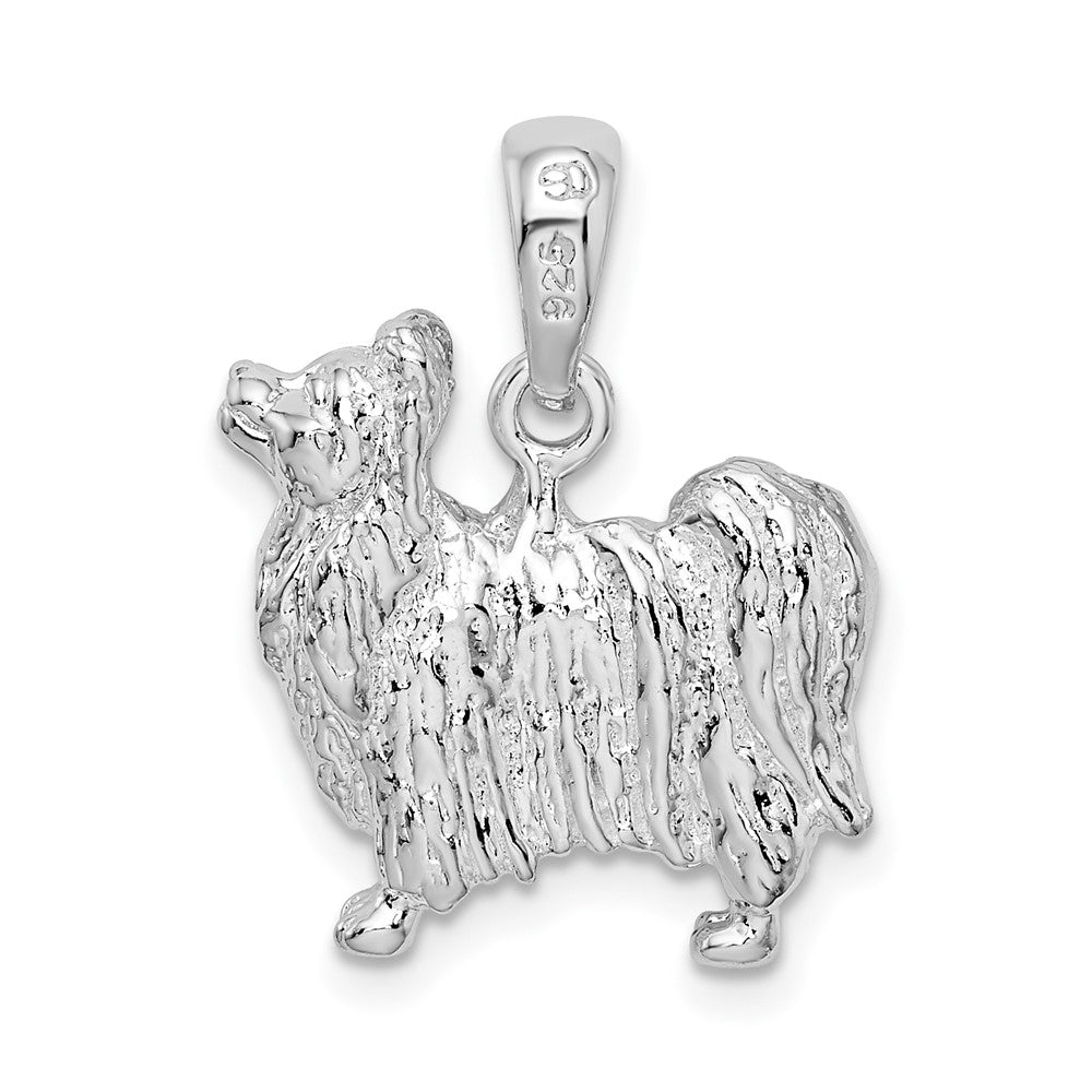 Sterling Silver Rhodium-plated Textured 3D Papillon Dog Pendant
