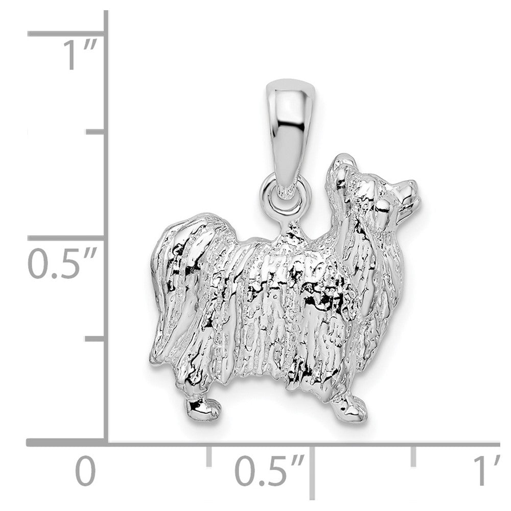 Sterling Silver Rhodium-plated Textured 3D Papillon Dog Pendant