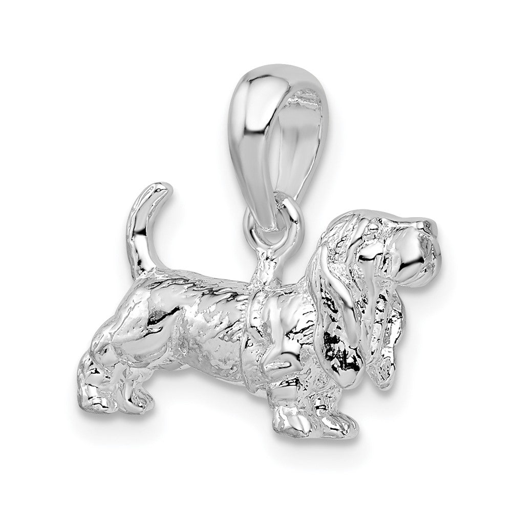 Sterling Silver Rhodium-plated Textured 3D Basset Hound Pendant