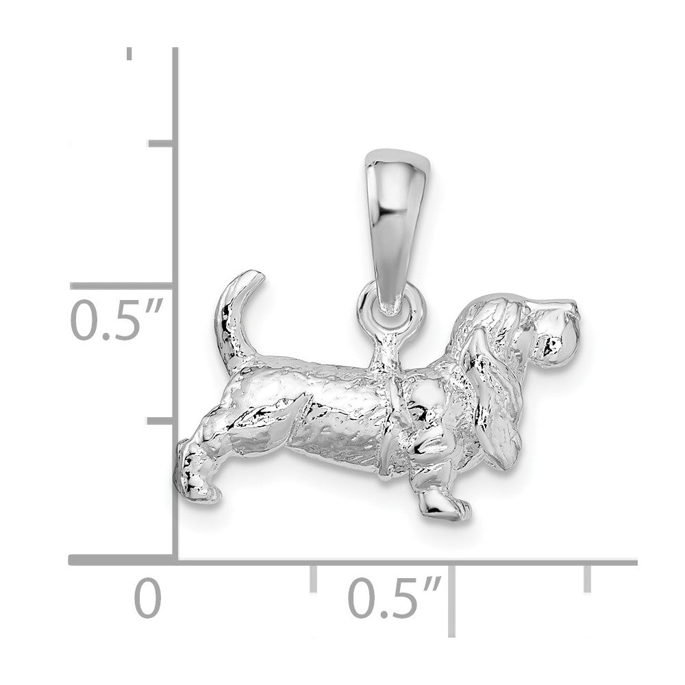 Sterling Silver Rhodium-plated Textured 3D Basset Hound Pendant
