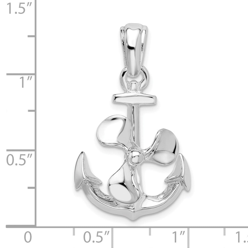 Sterling Silver Rhodium-plated Moveable 3D Anchor w/Propeller Pendant