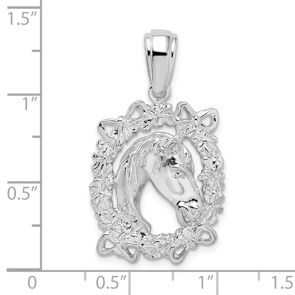 Sterling Silver Rhodium-plated Polished Horse Head in Wreath Pendant