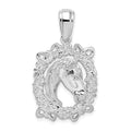 Sterling Silver Rhodium-plated Polished Horse Head in Wreath Pendant
