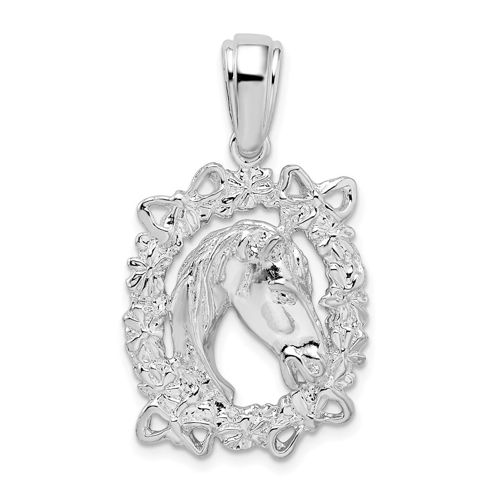 Sterling Silver Rhodium-plated Polished Horse Head in Wreath Pendant