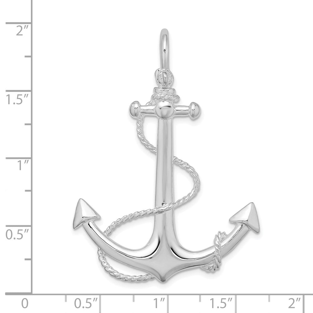 Sterling Silver Rhodium-plated Polished 3D Anchor w/Rope Pendant