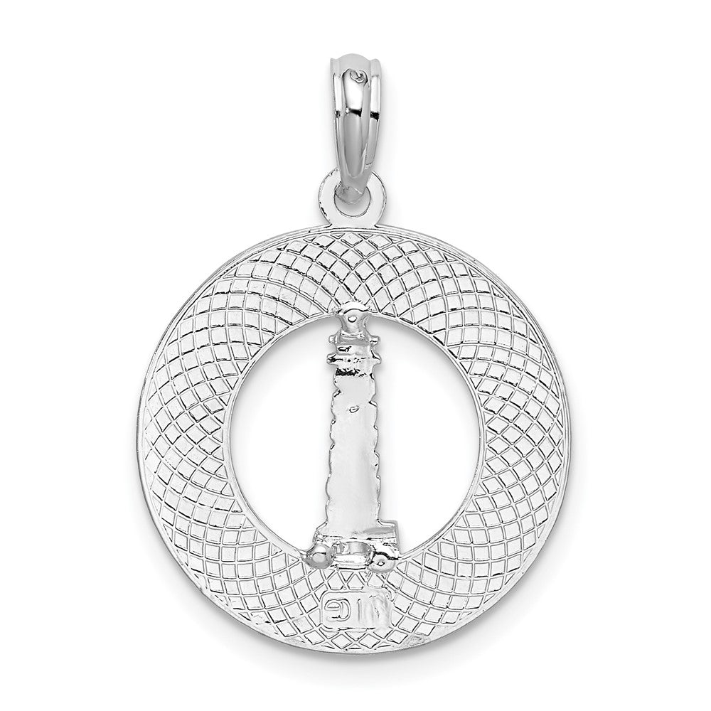 Sterling Silver Rhod-plated Kennebunkport Circle w/Lighthouse Pendant
