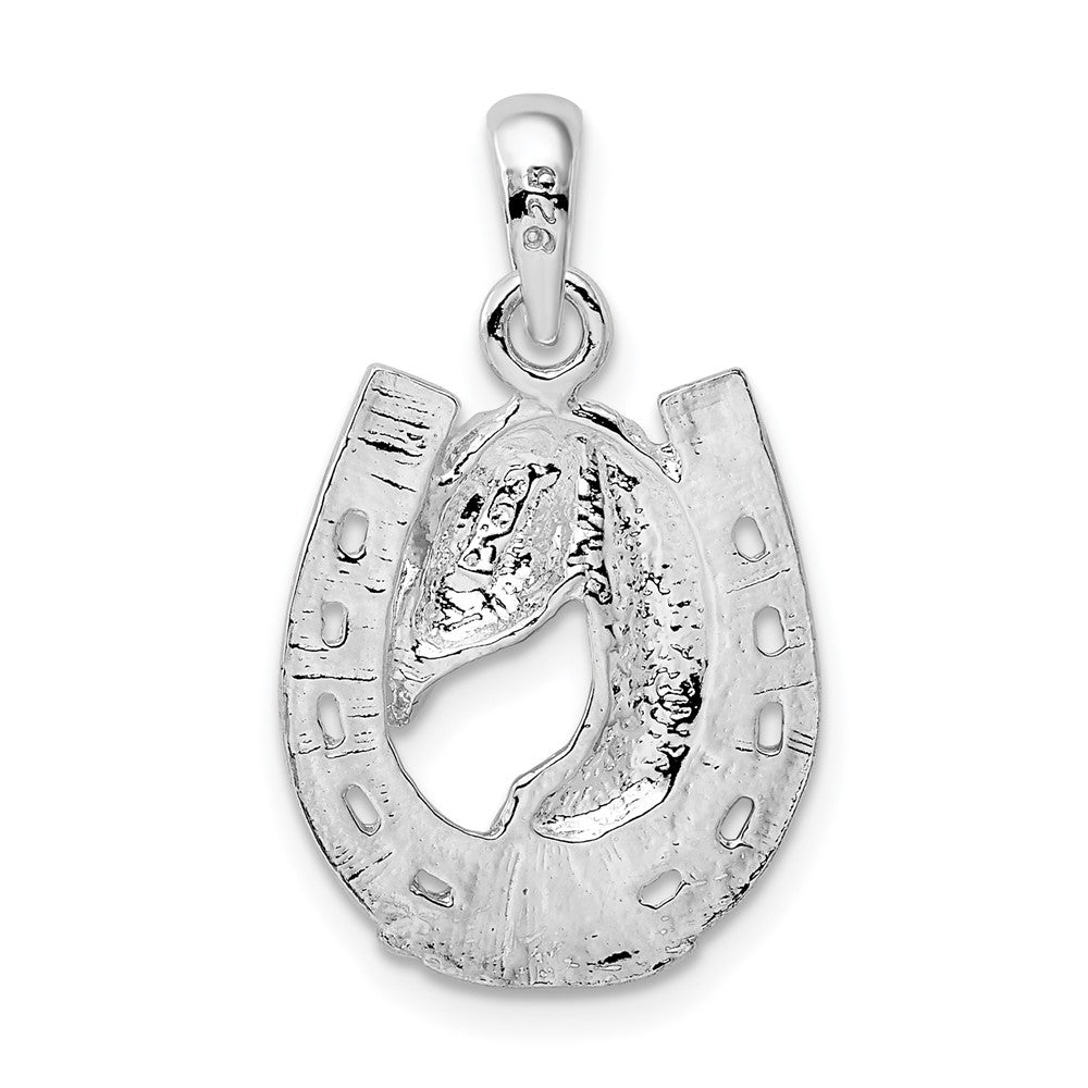 Sterling Silver Rhod-plated Polished Horse Head in Horseshoe Pendant
