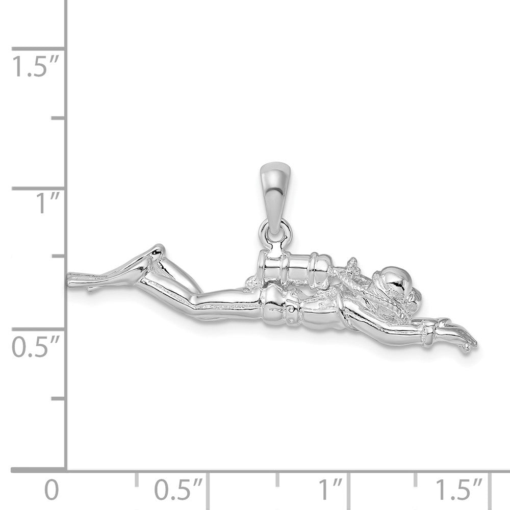 Sterling Silver Rhodium-plated Polished 3D Male Scuba Diver Pendant