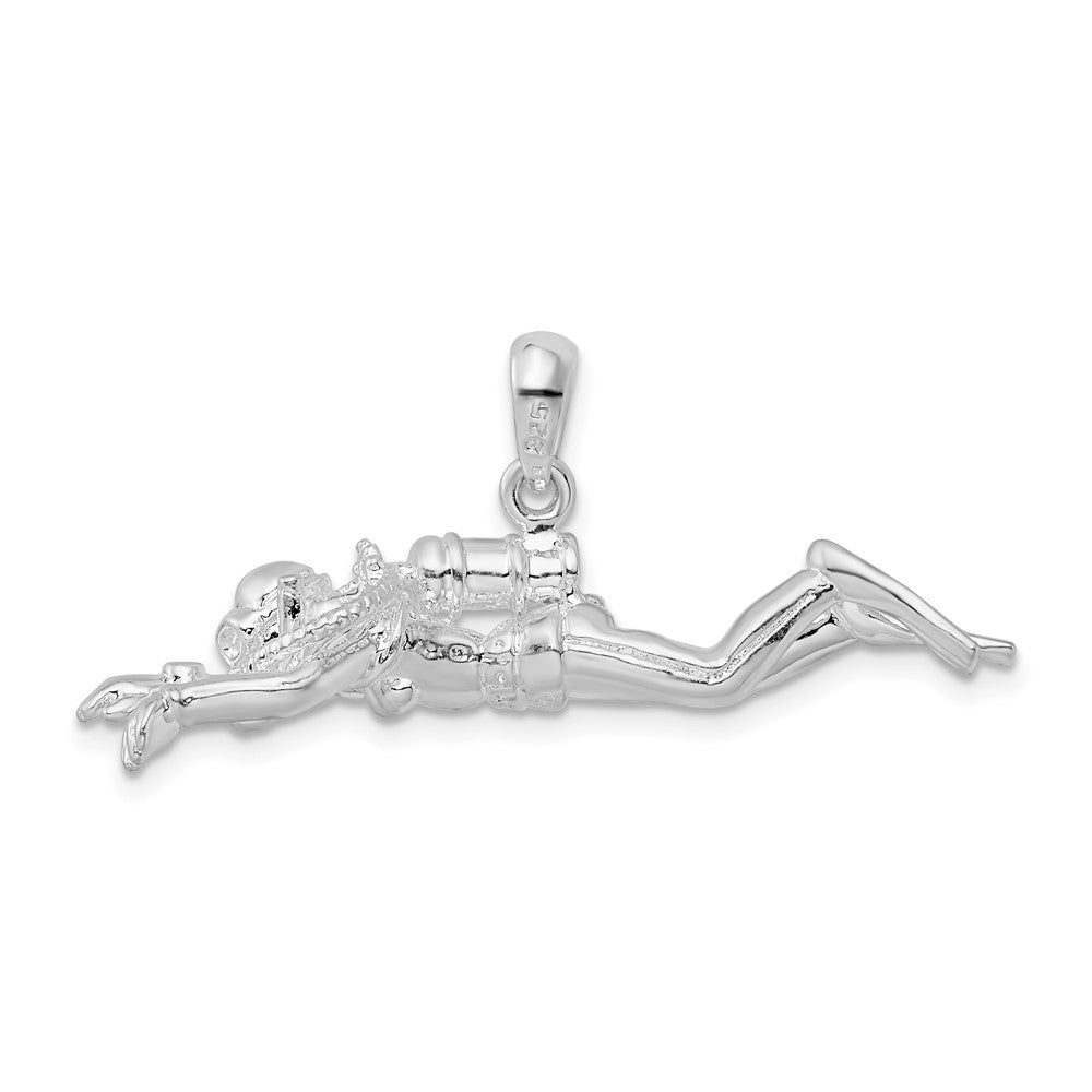 Sterling Silver Rhodium-plated Polished 3D Female Scuba Diver Pendant