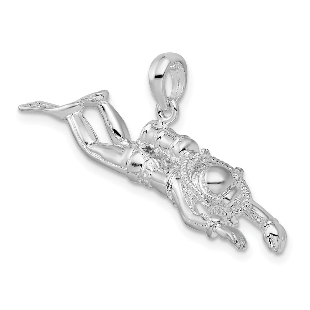 Sterling Silver Rhodium-plated Polished 3D Female Scuba Diver Pendant