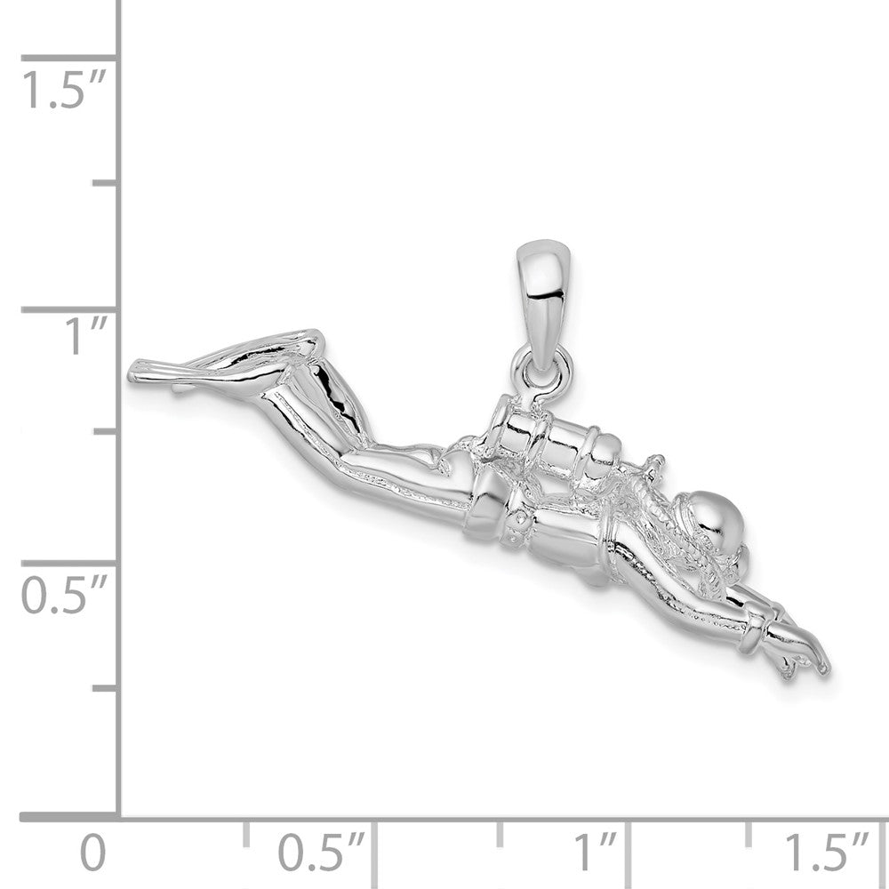 Sterling Silver Rhodium-plated Polished 3D Female Scuba Diver Pendant