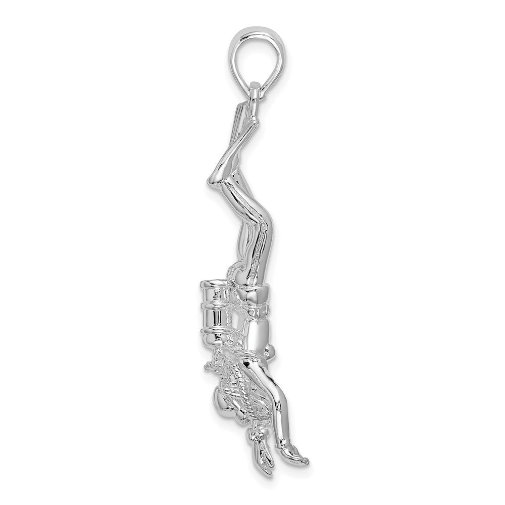 Sterling Silver Rhodium-plated Polished 3D Female Scuba Diver Pendant
