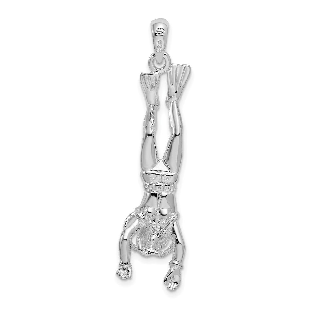 Sterling Silver Rhodium-plated Polished 3D Female Scuba Diver Pendant