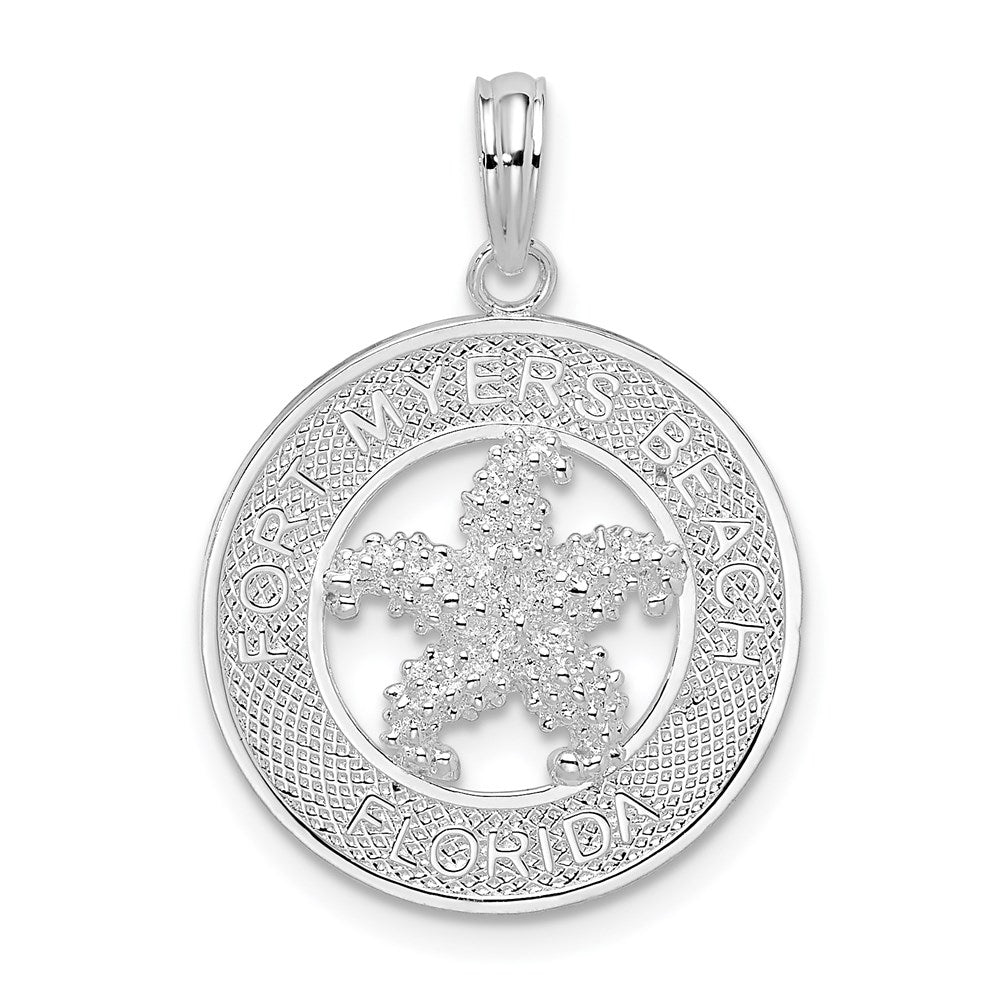 Sterling Silver Rhod-plated Fort Myers Beach, FL Circle w/Starfish Pendant