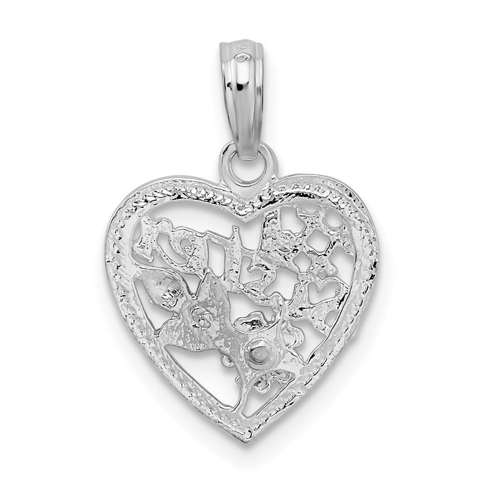 Sterling Silver Rhodium-plated Polished #1 Sister w/Flower Heart Pendant